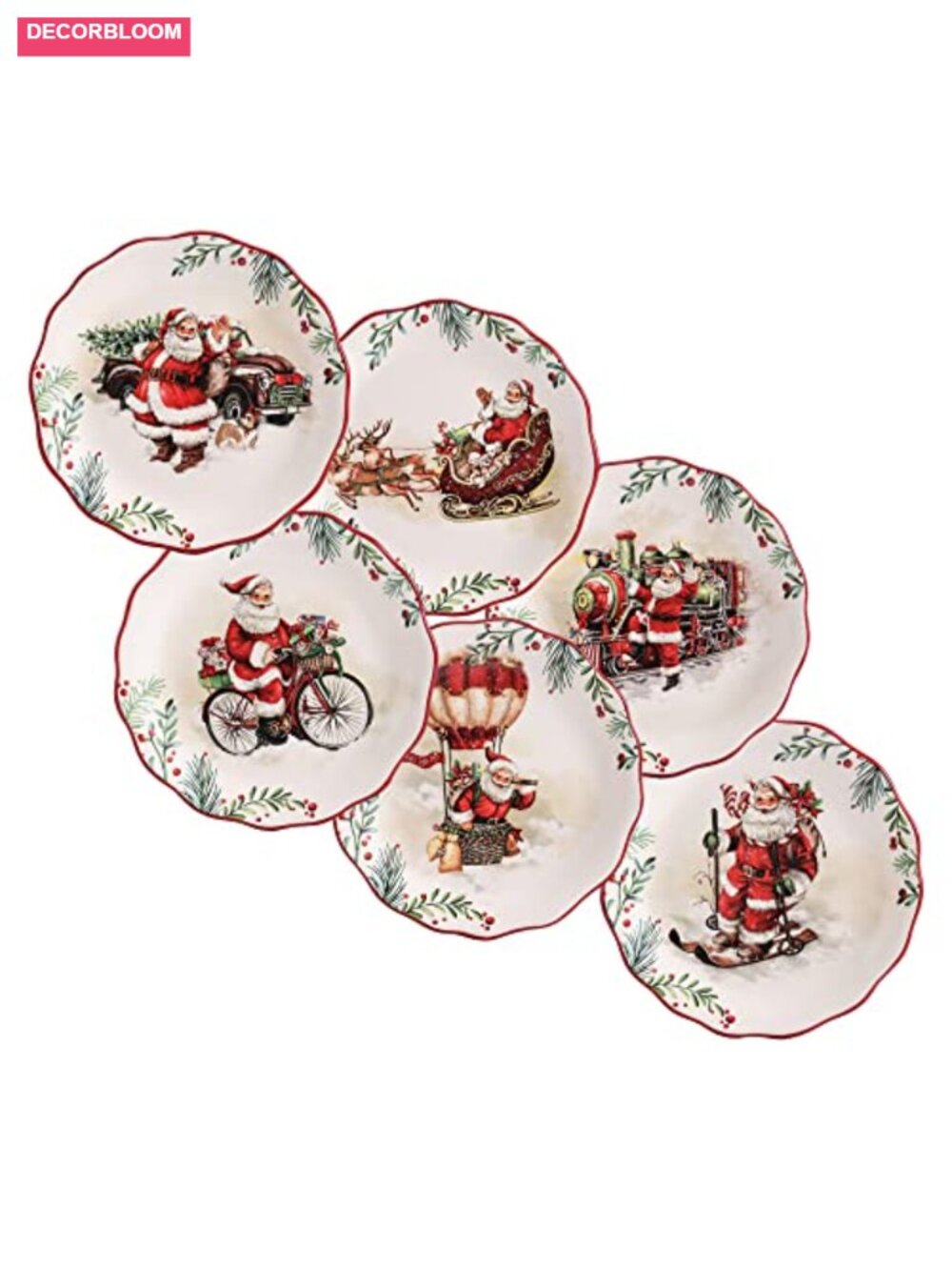 Santa On The Way Scalloped Christmas Appetizer Plates Set of 6 6 Inch Ceramic